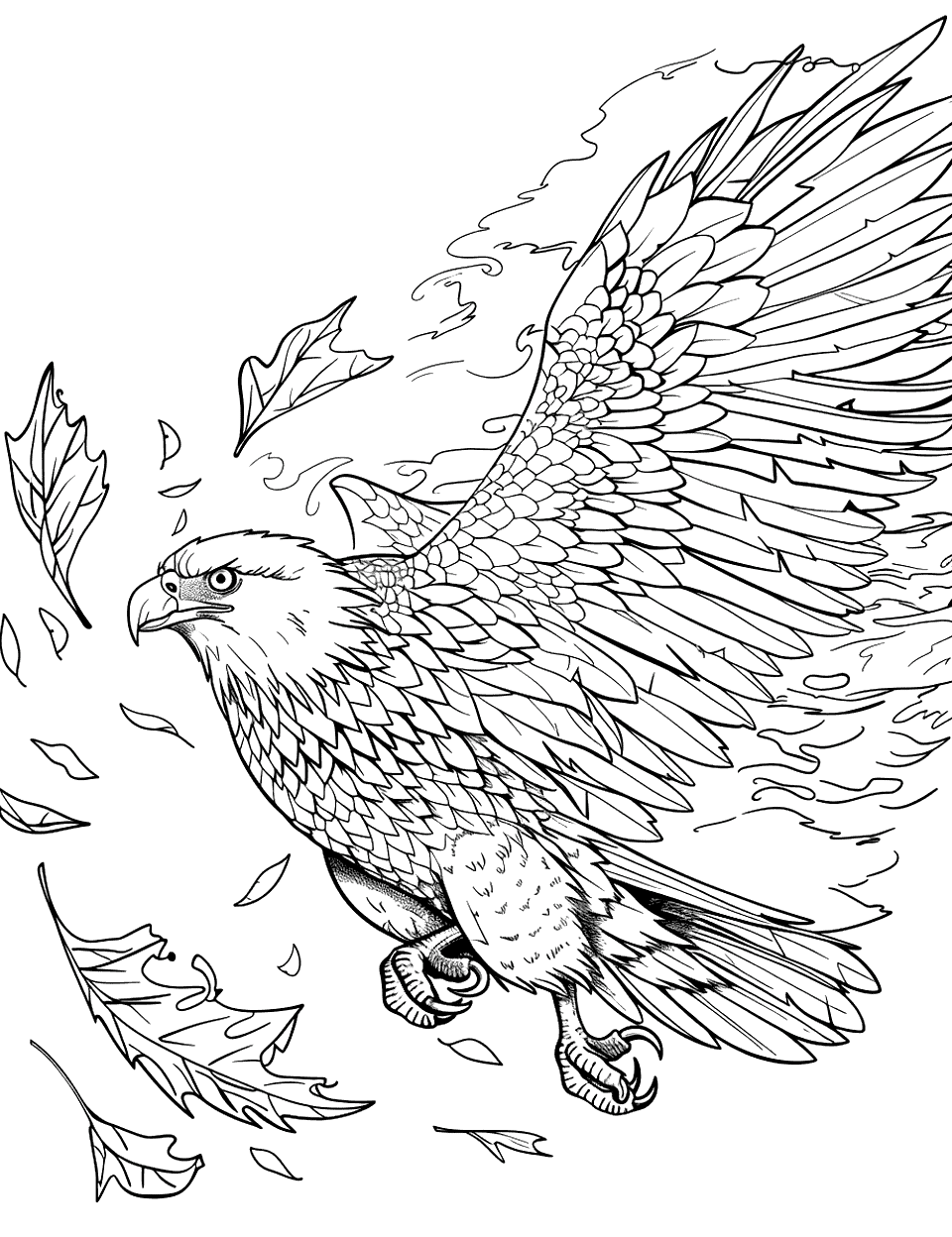 Playful Eagle Chasing Leaves Coloring Page - A juvenile eagle playfully chases falling leaves on a windy day, capturing the essence of autumn.