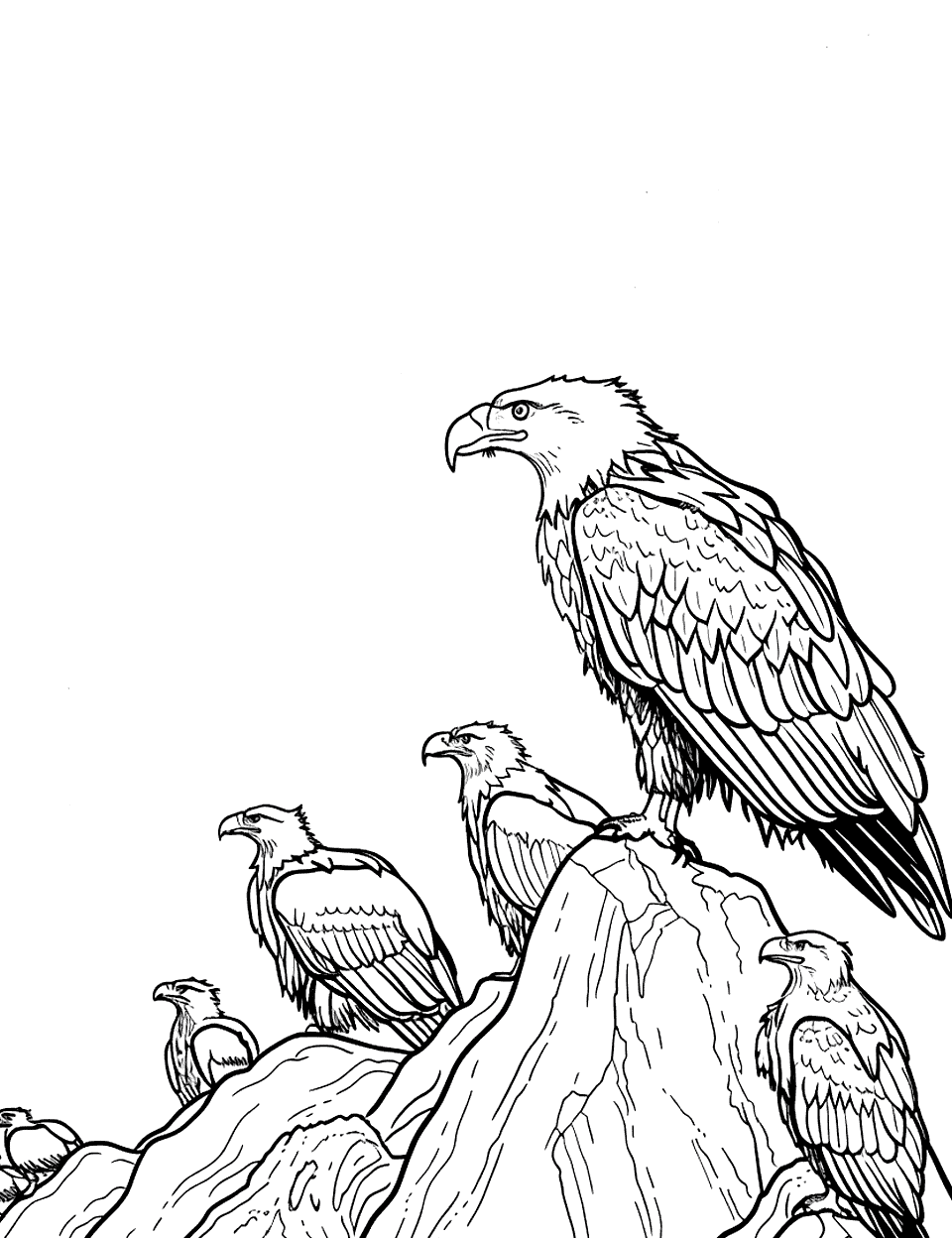 Eagle Preparing for Migration Coloring Page - A group of eagles gather on a rocky outcrop, readying themselves for the long journey ahead.