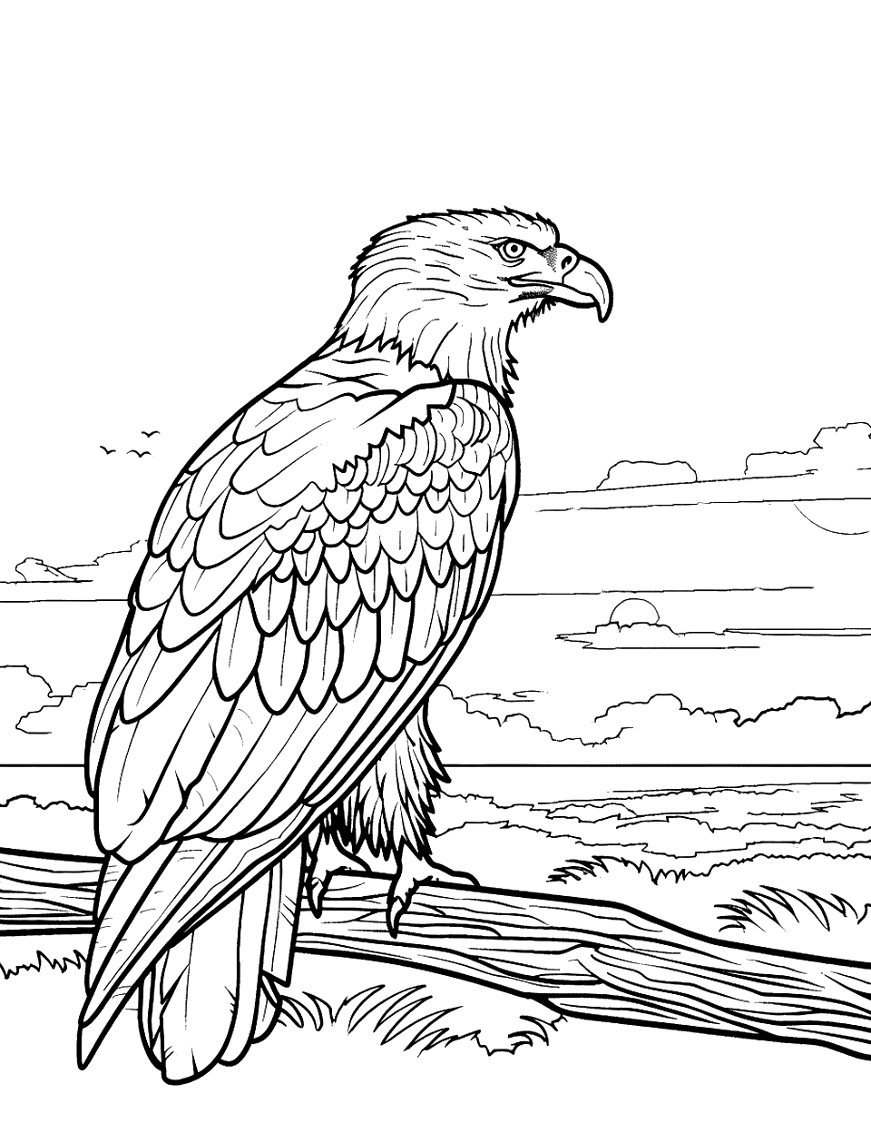 Quiet Moment Before Dawn Eagle Coloring Page - An eagle sits silently on a branch as the first light of dawn begins to break over a plain landscape.