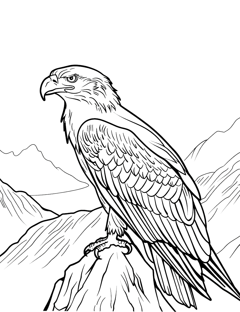 Eagle and the Mountain Peak Coloring Page - An eagle perches majestically on the peak of a mountain, overlooking a valley with minimal detail in the background.