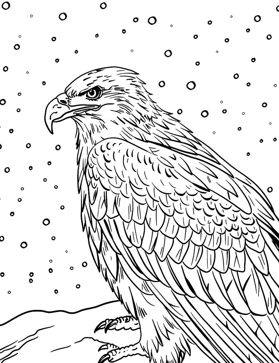 Young Eagle's First Snow Eagle Coloring Page - A young eagle experiences its first snow, looking curiously at the snowflakes.
