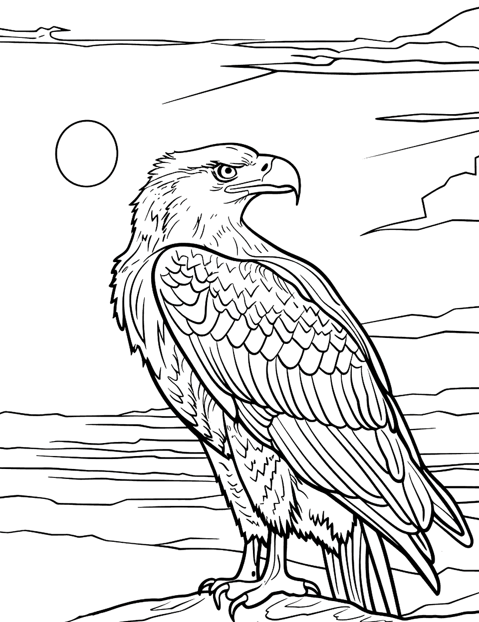 Eagle Watching the Sunset Coloring Page - An eagle gazes toward the horizon as the sun sets.