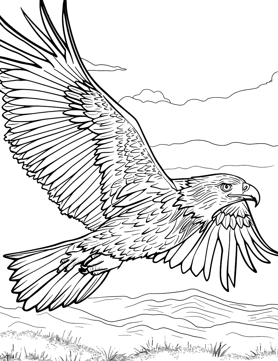 Majestic Golden Eagle in Flight Coloring Page - A powerful golden eagle soars high in the sky with its wings fully extended, gliding over a simple meadow.