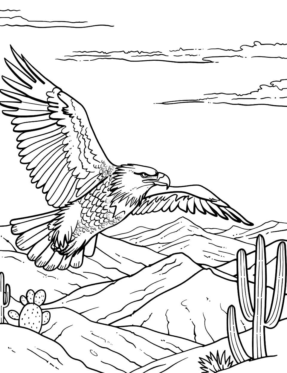 Eagle in a Sparse Desert Coloring Page - An eagle glides low over a desert with cacti and minimal rocks dotting the landscape.