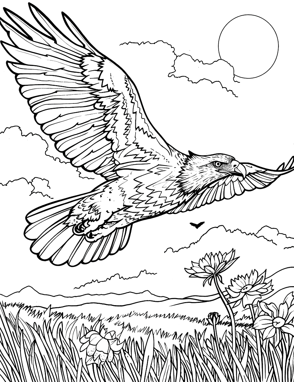 Eagle and the First Light of Spring Coloring Page - An eagle soars over a meadow full of spring flowers, with a simple sky and distant hills.