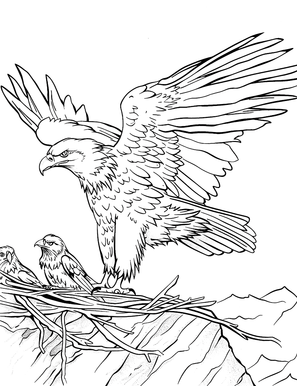 Eagle Teaching Chicks to Fly Coloring Page - An adult eagle flaps its wings, demonstrating flight to its chicks in a nest atop a simple cliff.