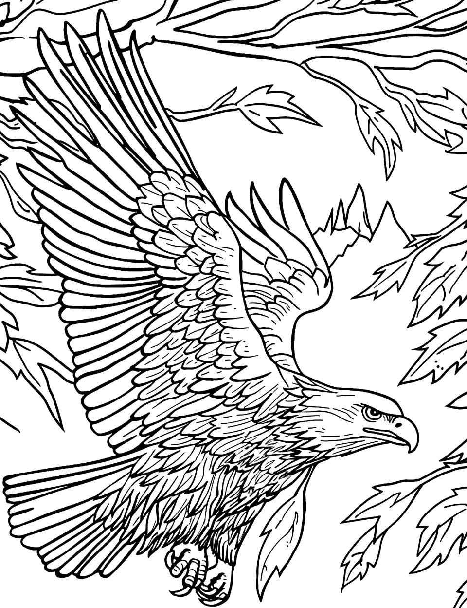 Eagle and the Autumn Leaves Coloring Page - An eagle flies through a forest of autumn trees.