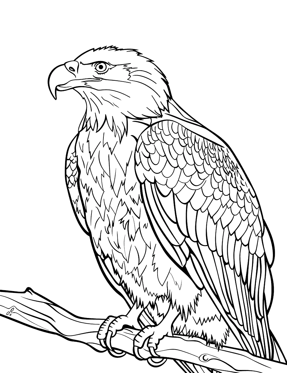 Proud American Eagle Perched Coloring Page - A stately American eagle sits on a branch, its sharp eyes looking out over a plain landscape.