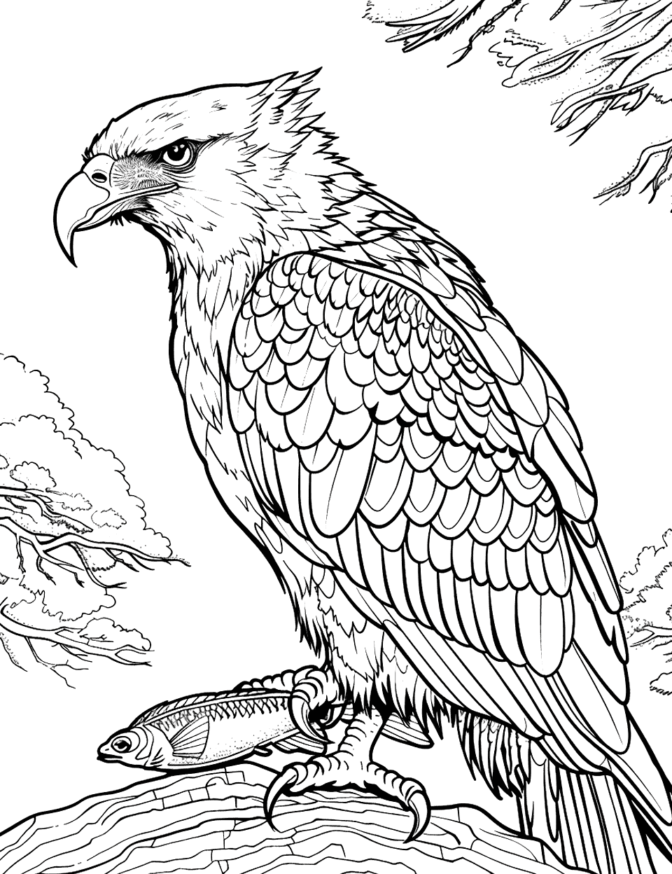 Fierce Harpy Eagle with Prey Coloring Page - A harpy eagle clutches a small fish in its talons, standing on a rock with a minimal forest background.