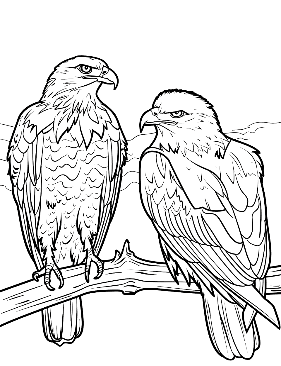 Friendly Bird Meeting Eagle Coloring Page - Two eagles perched side by side on a tree branch, share a peaceful moment.