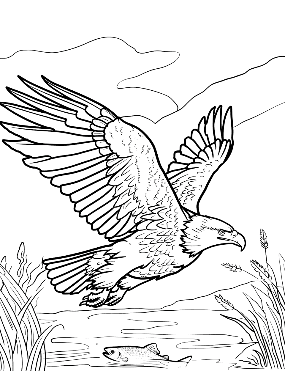 Eagle Diving for Fish Coloring Page - An eagle swoops down toward a clear river, ready to snatch a fish swimming just below the surface.