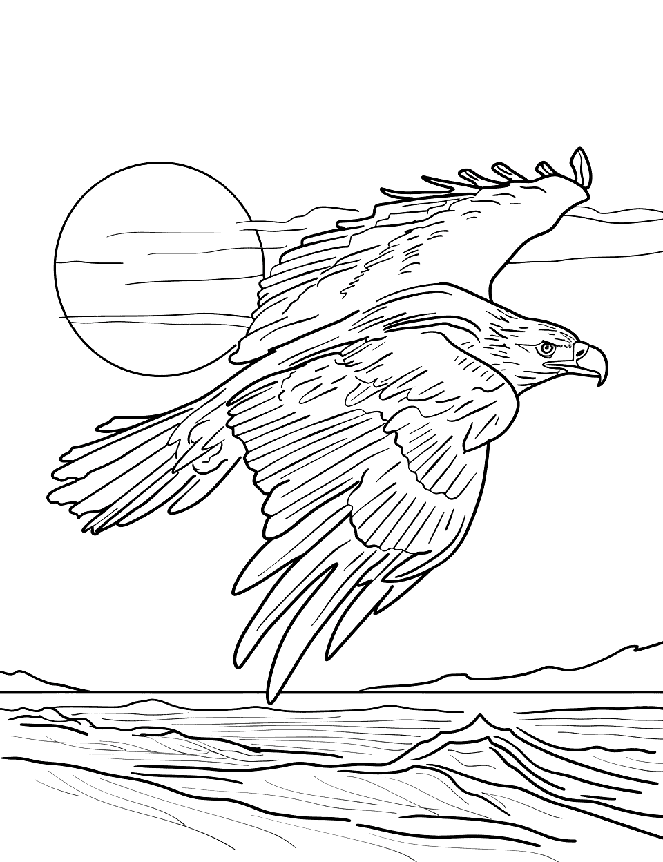 Graceful Sea Eagle Over the Ocean Coloring Page - A sea eagle flies low over the waves of a calm ocean, with the sun setting in the background.