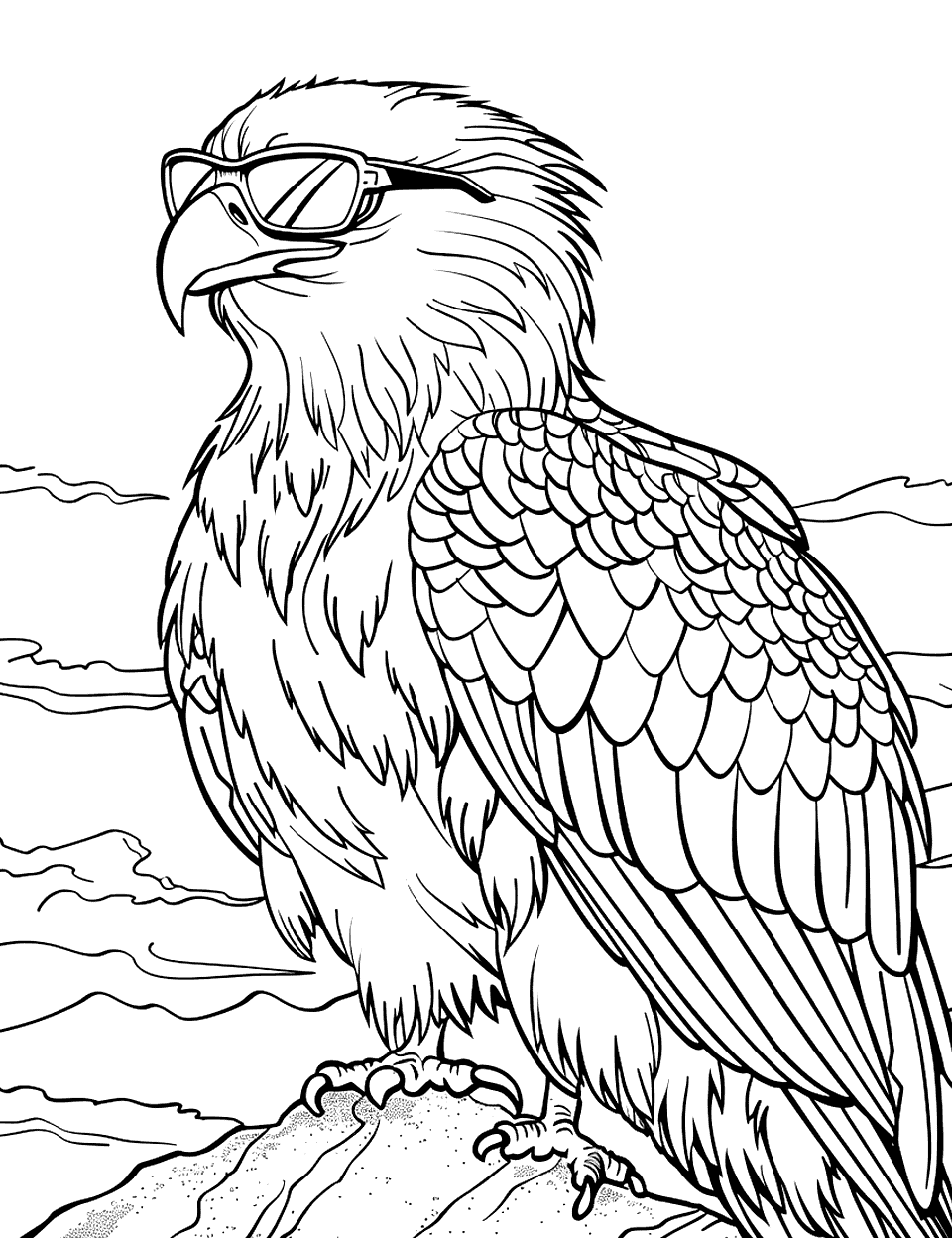 Cool Eagle Wearing Sunglasses Coloring Page - A bald eagle looks extra cool with a pair of sunglasses, sitting on a simple rock.