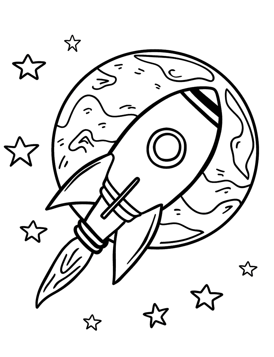 Easy Rocket in Space Earth Coloring Page - A cartoon rocket ship flying in space with a few stars around.