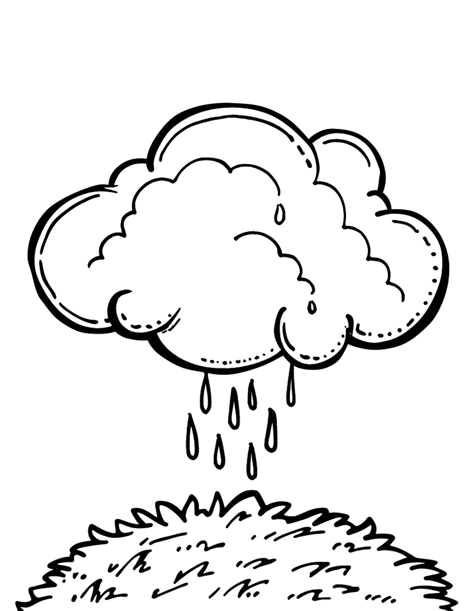 Simple Rain Cloud Earth Coloring Page - A single cloud raining over a patch of green grass.