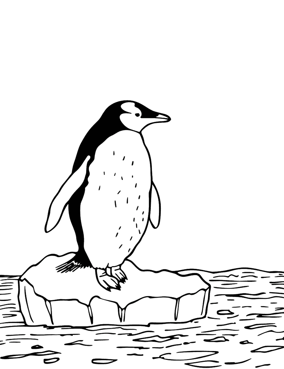 Penguin on a Small Iceberg Earth Coloring Page - A single penguin standing on a small iceberg in the ocean.