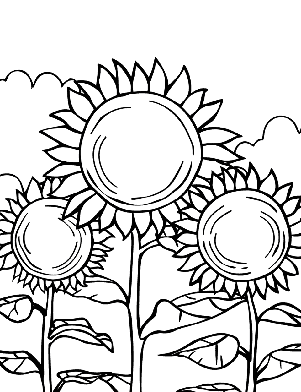 Sunflower Field Earth Coloring Page - A field of sunflowers with tall sunflowers and clouds above.