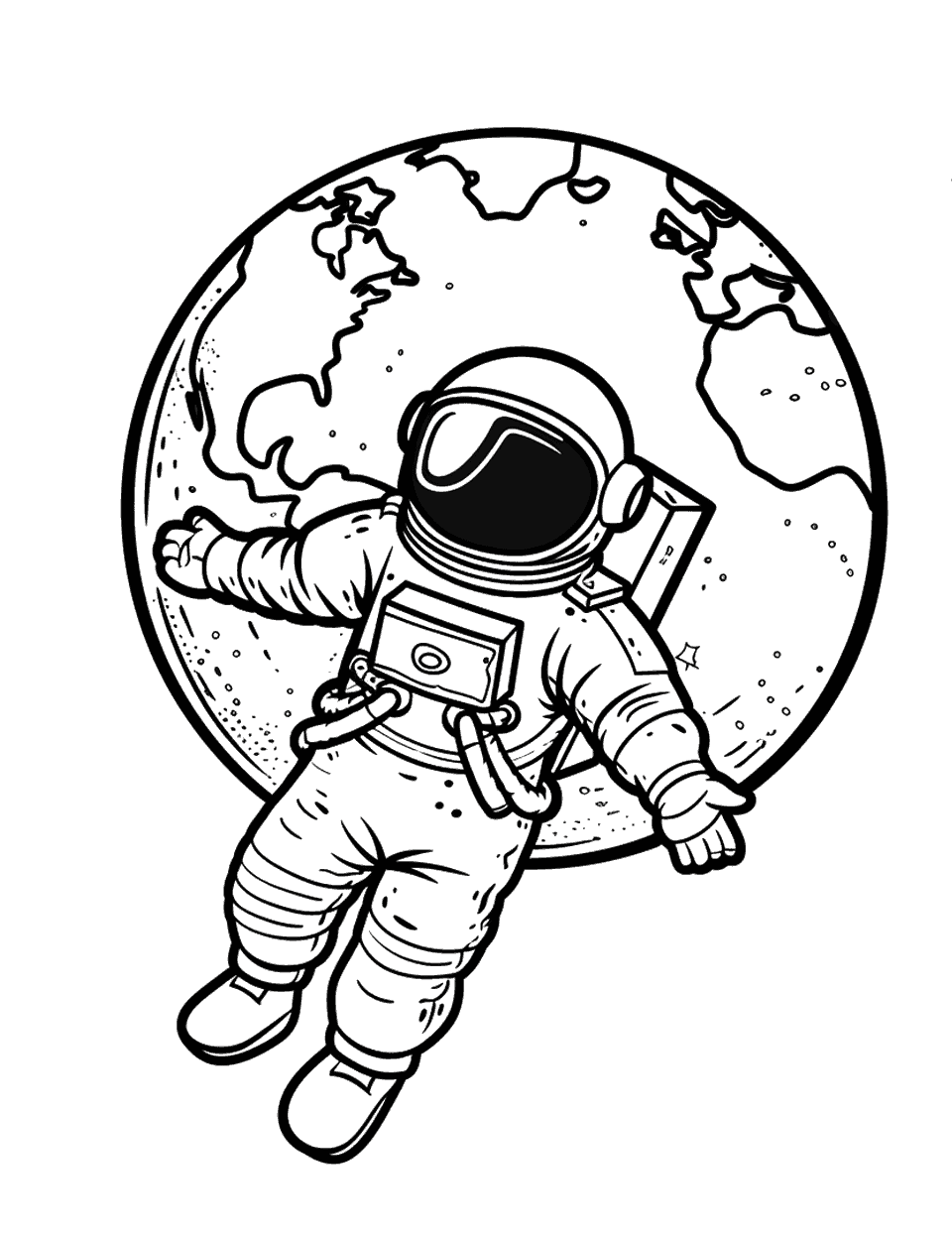 Cute Astronaut and Earth Coloring Page - A cute astronaut floating in space with the Earth in the background.