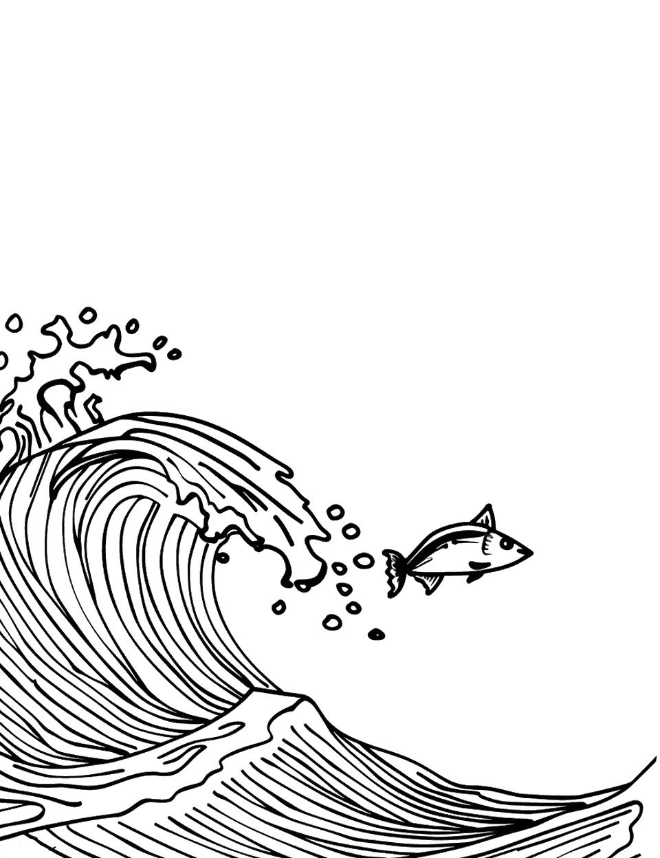 Ocean Waves Earth Coloring Page - Simple waves in the ocean with a small fish jumping out of the water.