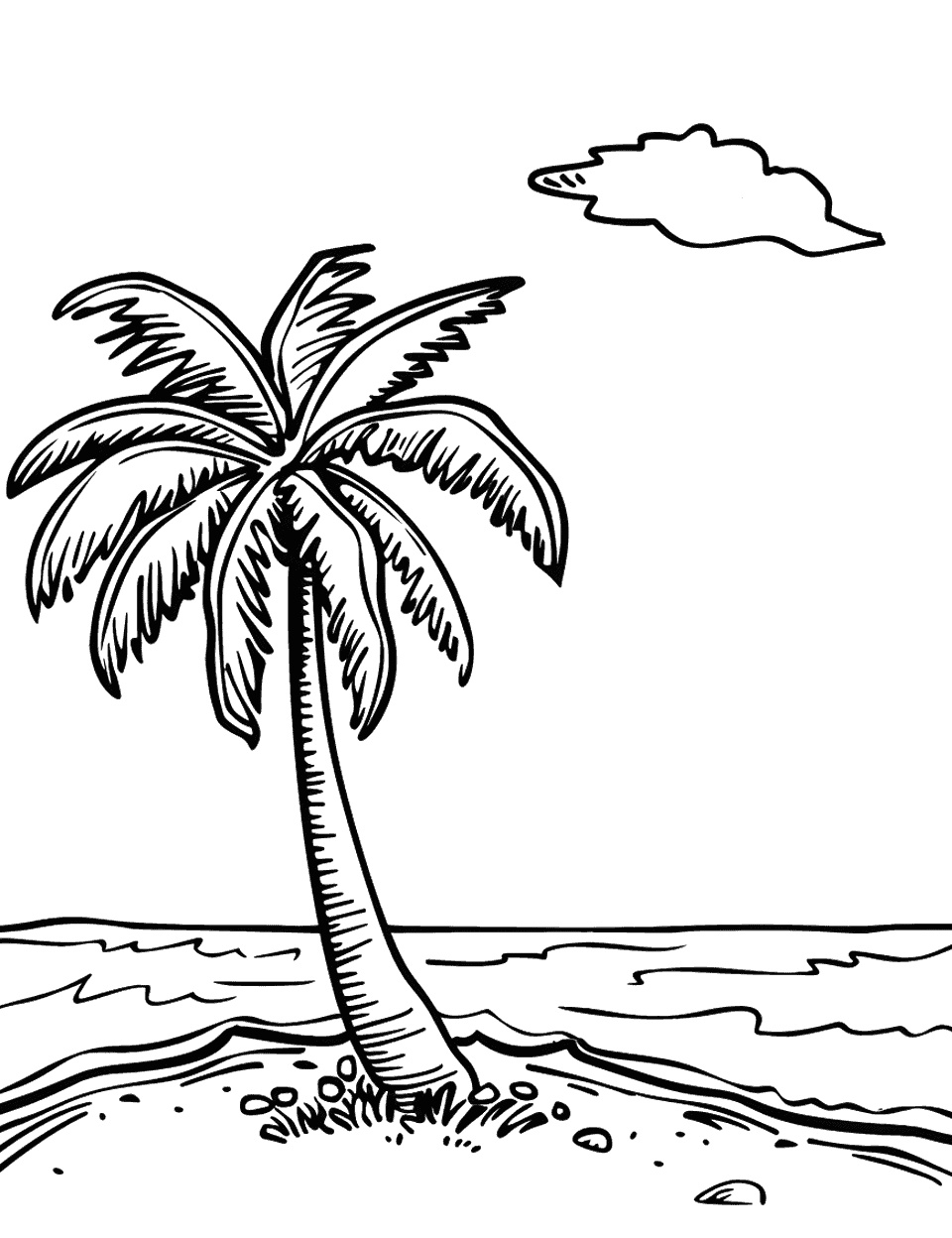 Sandy Beach and Palm Tree Earth Coloring Page - A single palm tree on a sandy beach with calm waves.