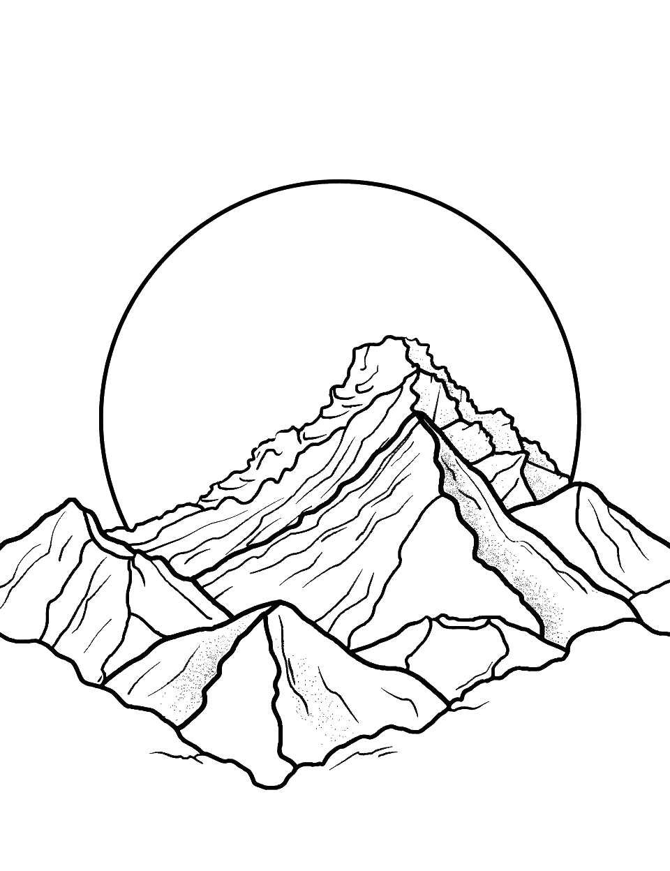 Mountain and Rising Sun Earth Coloring Page - A simple mountain landscape with the sun rising behind it.