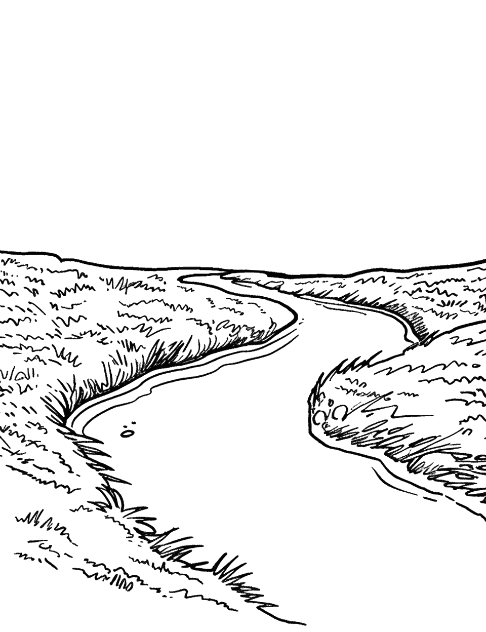 Clean River Flowing Earth Coloring Page - A clear river winding through a simple landscape.