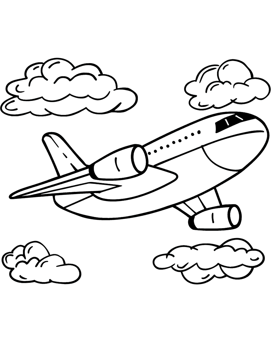 Cartoon Plane in the Sky Earth Coloring Page - A cartoon plane flying high in the sky with fluffy clouds.