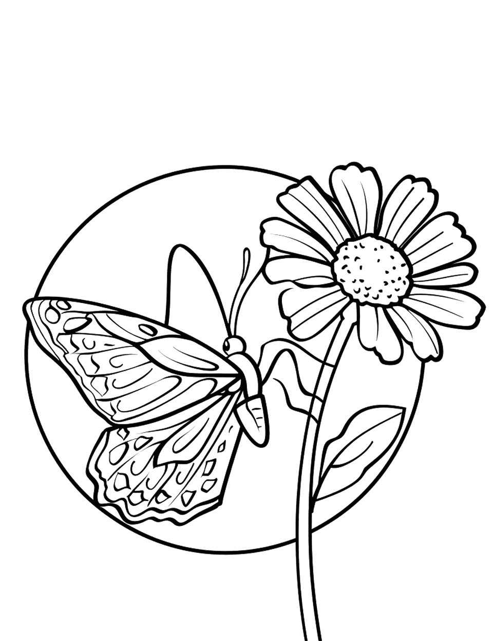 Butterfly on a Flower Earth Coloring Page - A single butterfly landing on a flower.