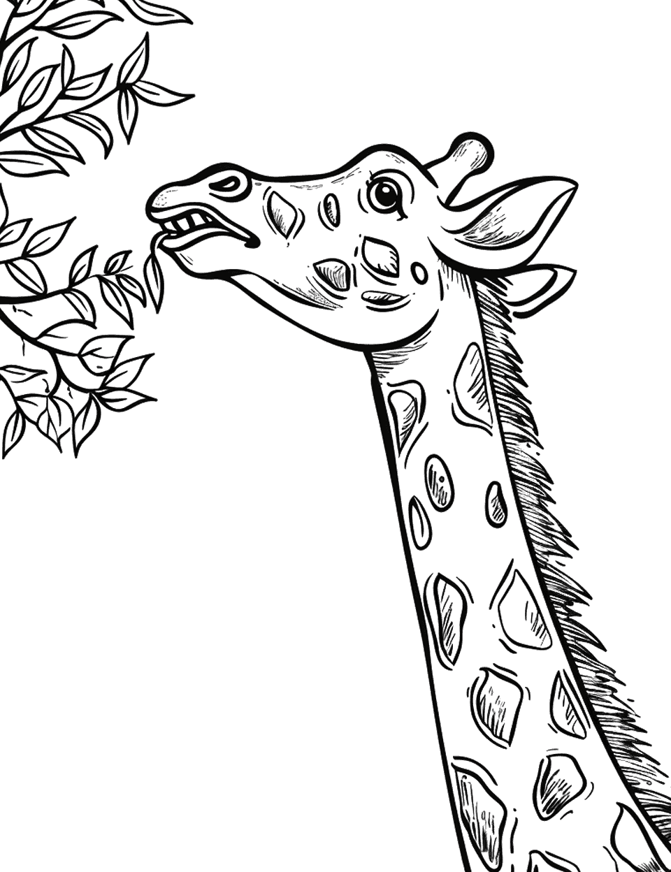 Giraffe Eating Tree Leaves Earth Coloring Page - A giraffe reaching up to eat leaves from a tall tree.