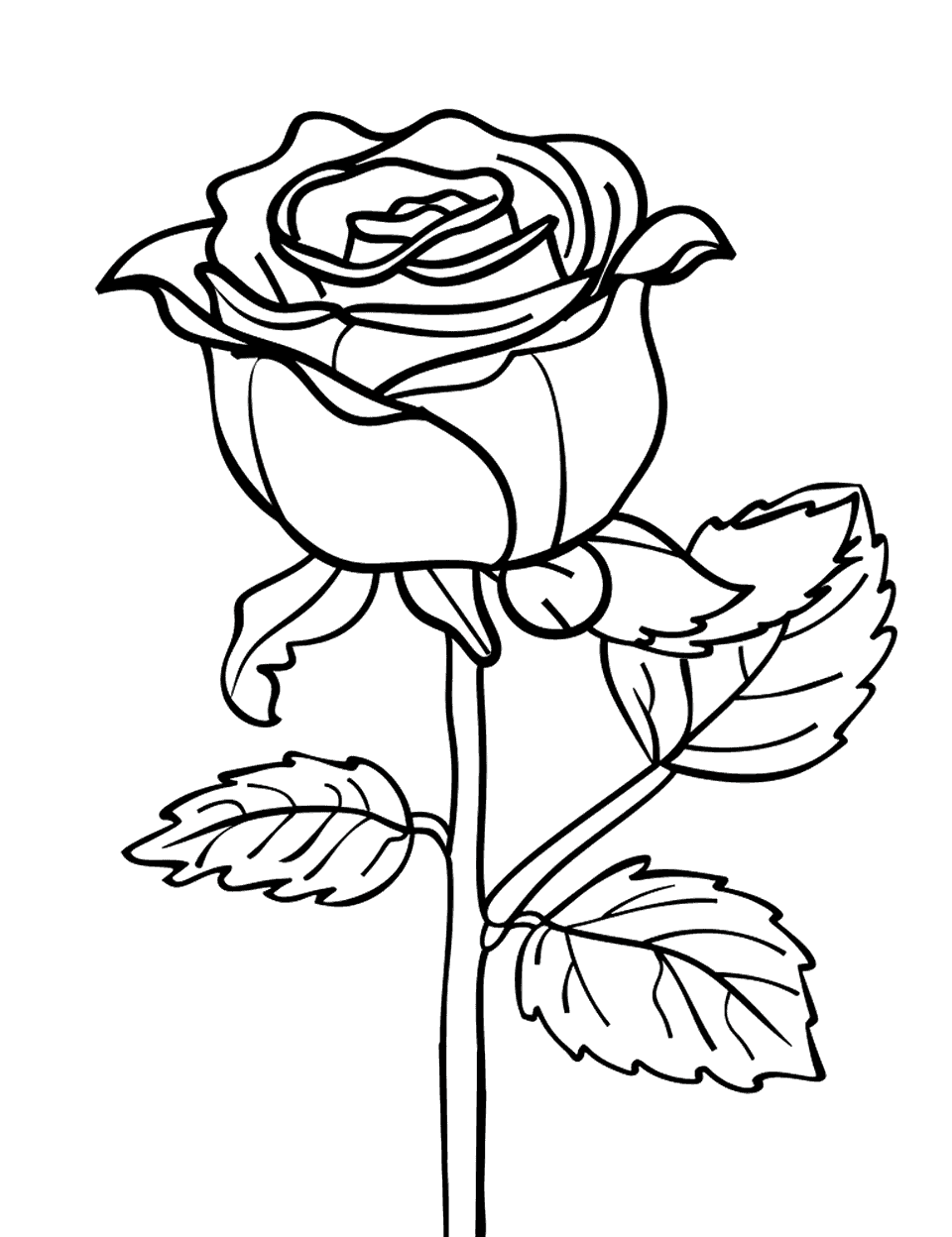 Single Rose Earth Coloring Page - A detailed drawing of a single rose with leaves.