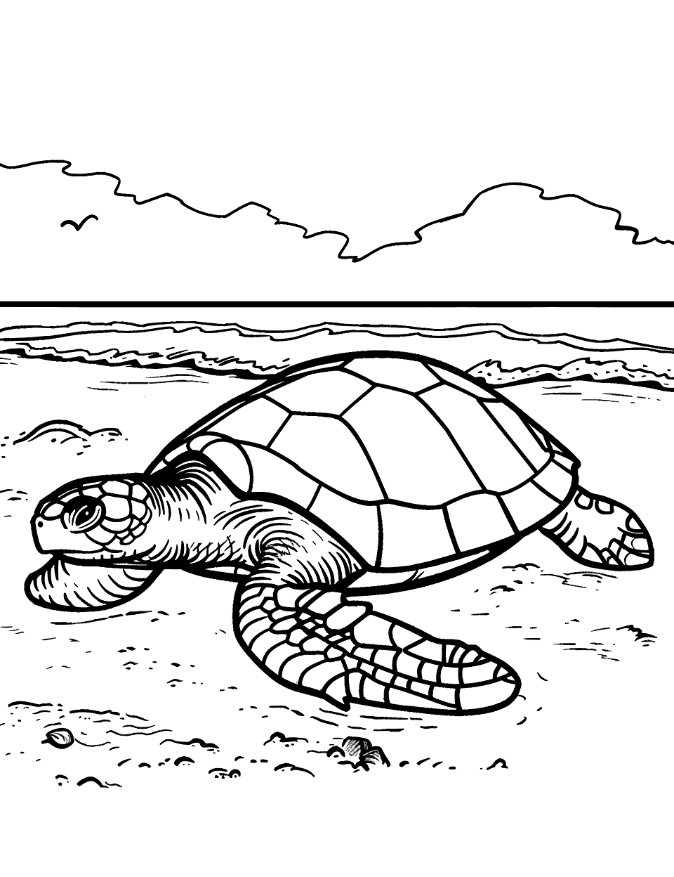 Turtle on the Beach Earth Coloring Page - A turtle making its way slowly across a sandy beach.