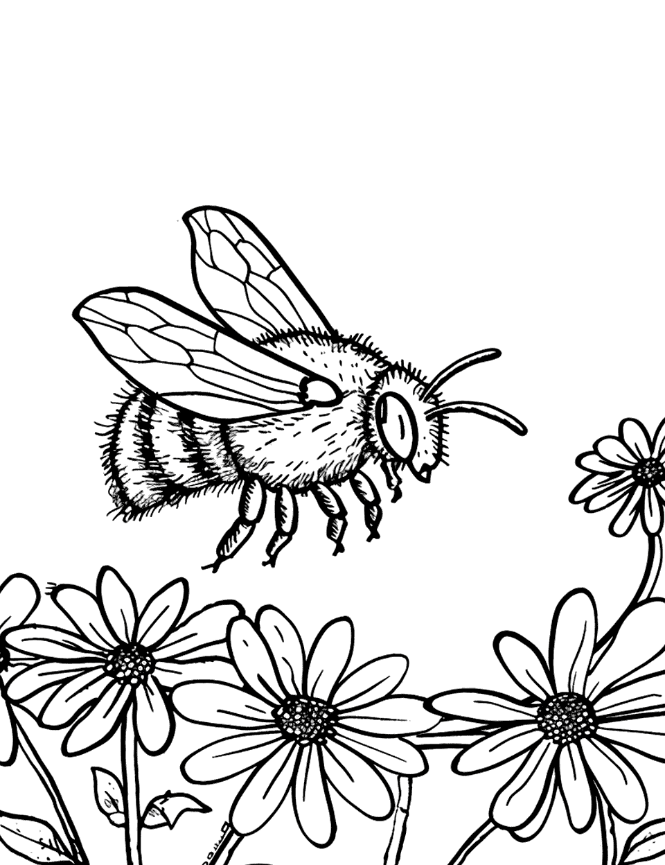 Bee Pollinating Flowers Earth Coloring Page - A single bee flying around flowers, collecting pollen.