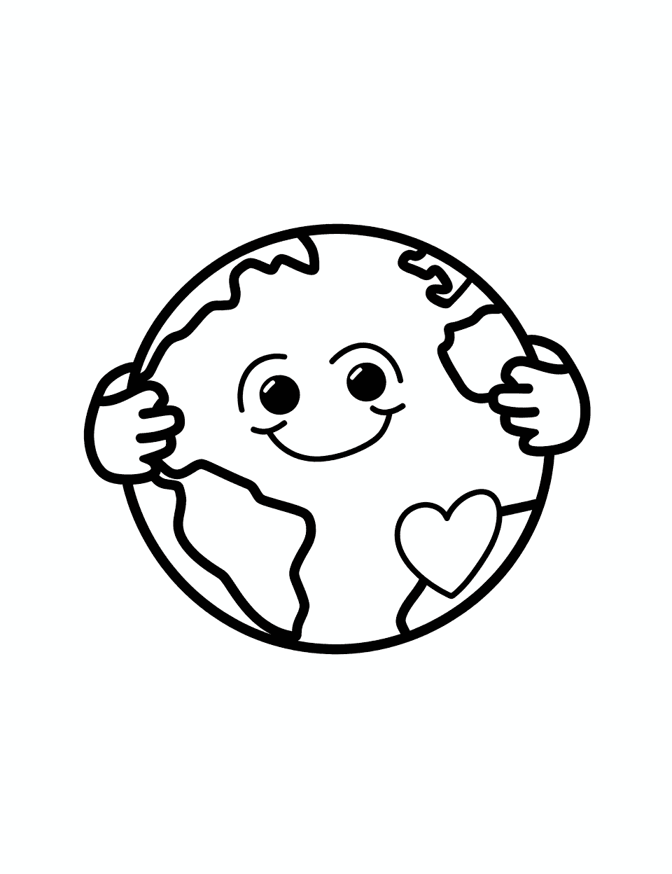 Cute Earth Coloring Page - The Earth with cartoon eyes and hands.