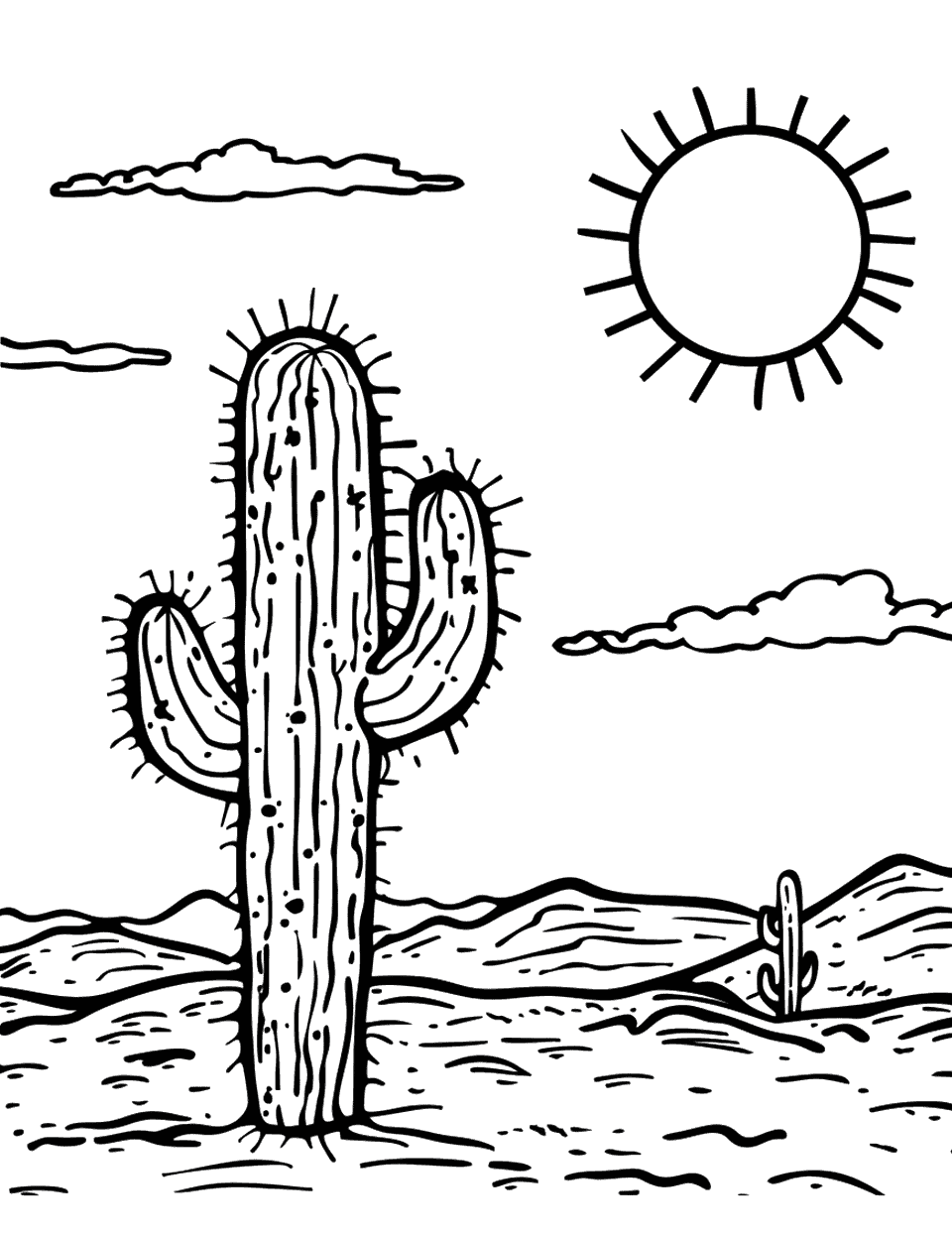 Desert Cactus Scene Earth Coloring Page - A lone cactus in a desert landscape under a hot sun.