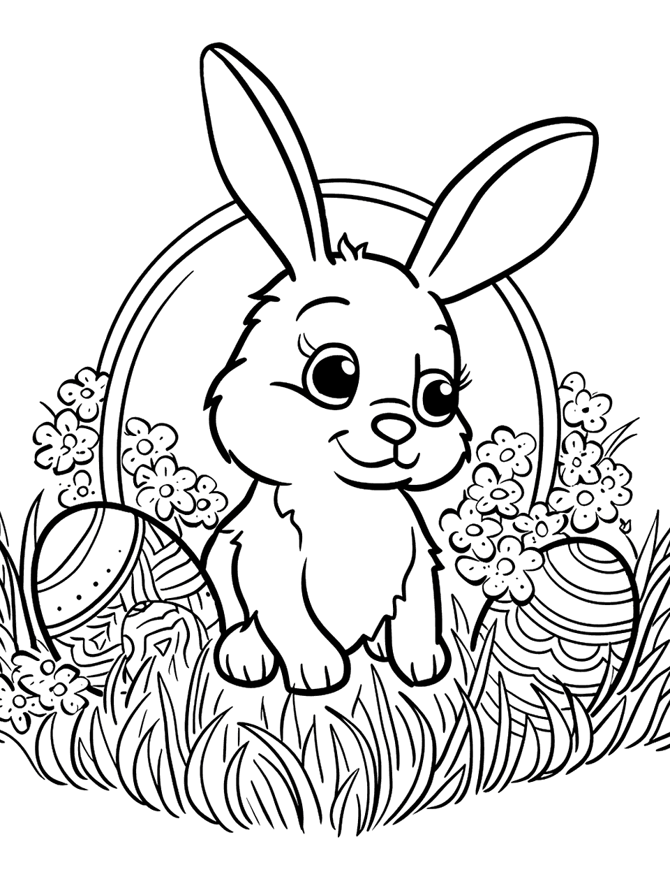 Bunny in the Garden Easter Coloring Page - A single bunny sits in a garden, surrounded by colorful flowers and Easter eggs.