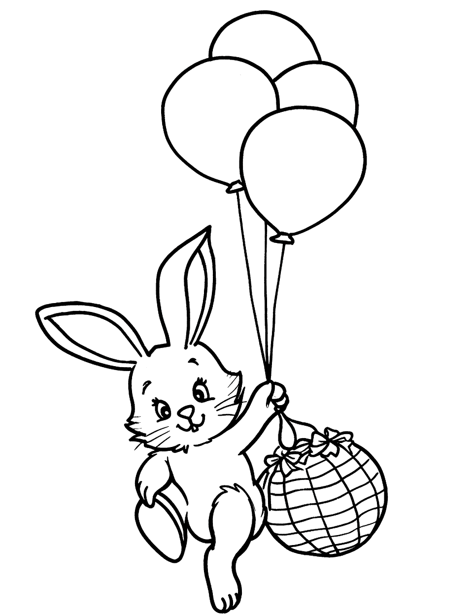 Bunny's Balloon Journey Easter Bunny Coloring Page - A cute bunny tied to a bunch of balloons, floating slightly above the ground.