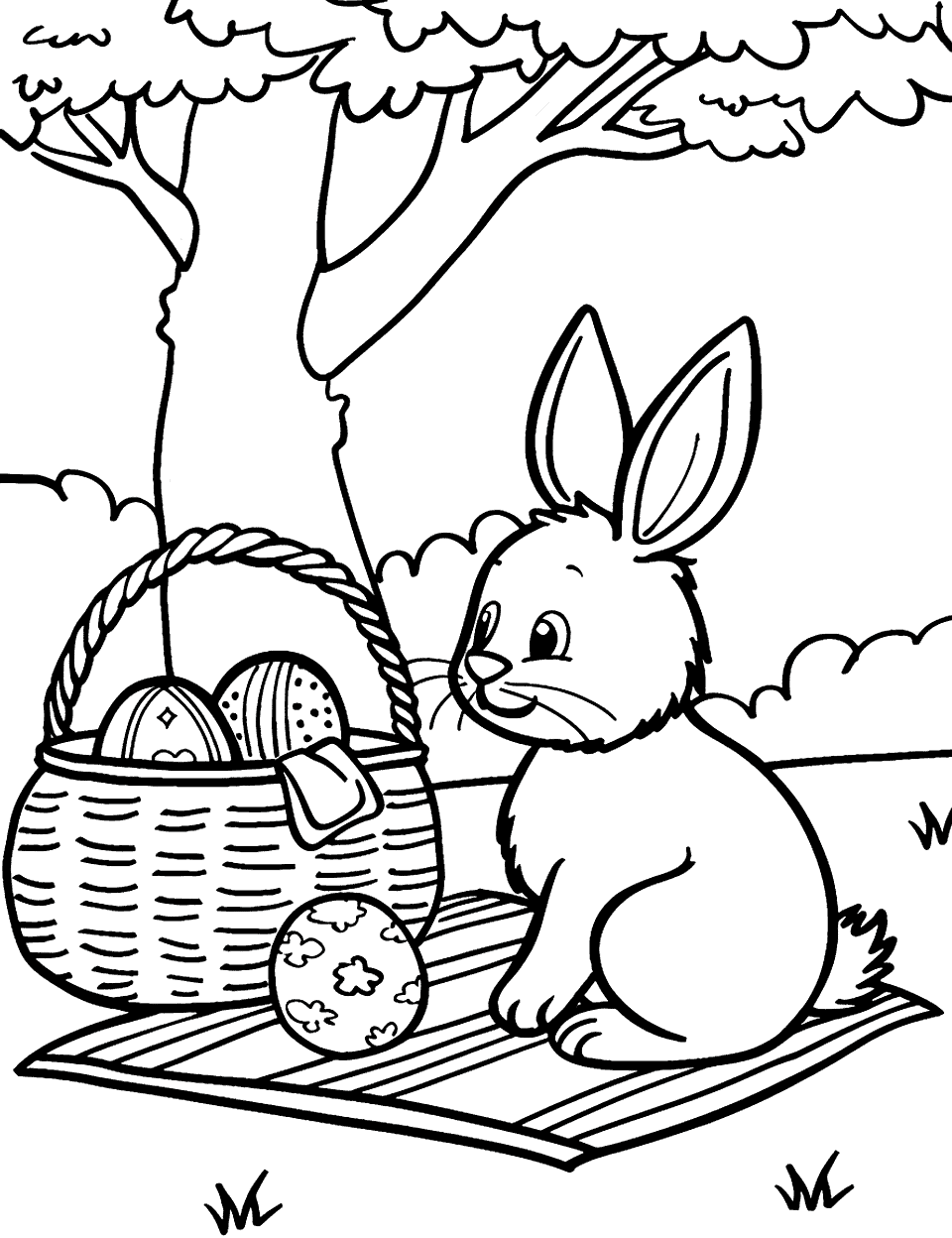 Picnic with a Bunny Easter Coloring Page - A simple picnic scene with a bunny sitting next to a picnic basket in a park, with Easter eggs next to it.