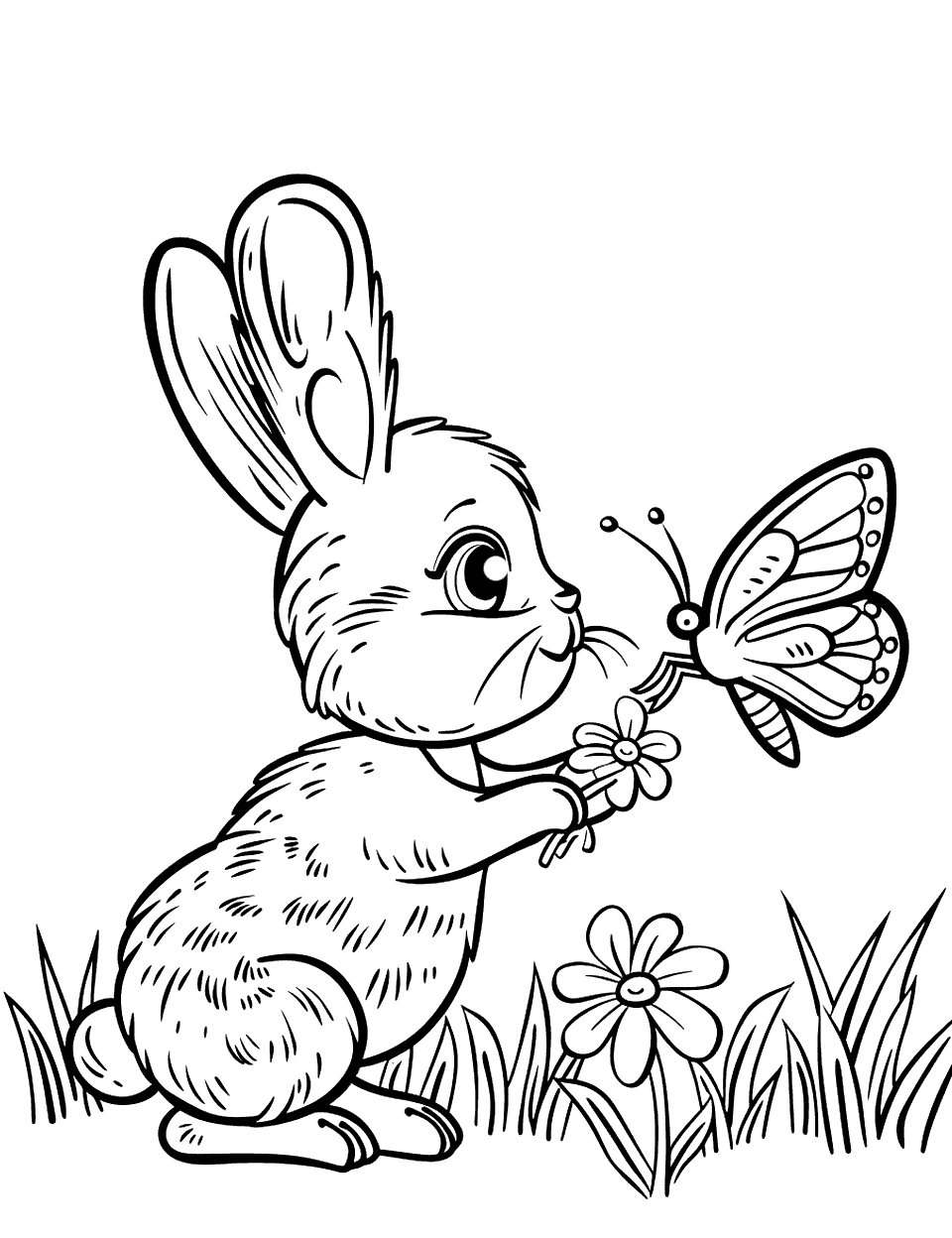 Bunny and the Butterfly Easter Coloring Page - A bunny reaching out to gently touch a butterfly landing on a nearby flower.