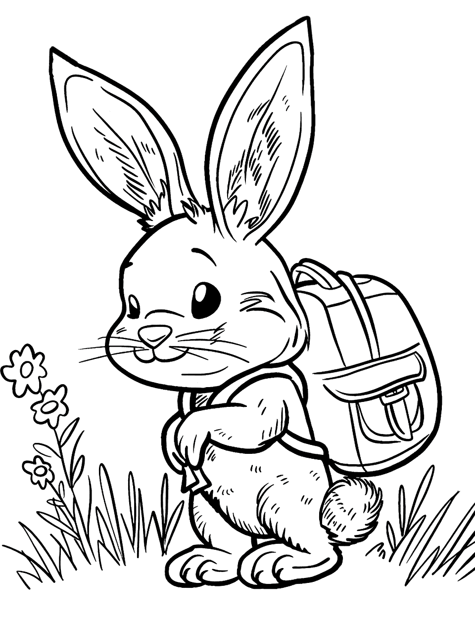 Bunny's Day Out Easter Bunny Coloring Page - A bunny outside, wearing a small backpack, ready for an adventure.