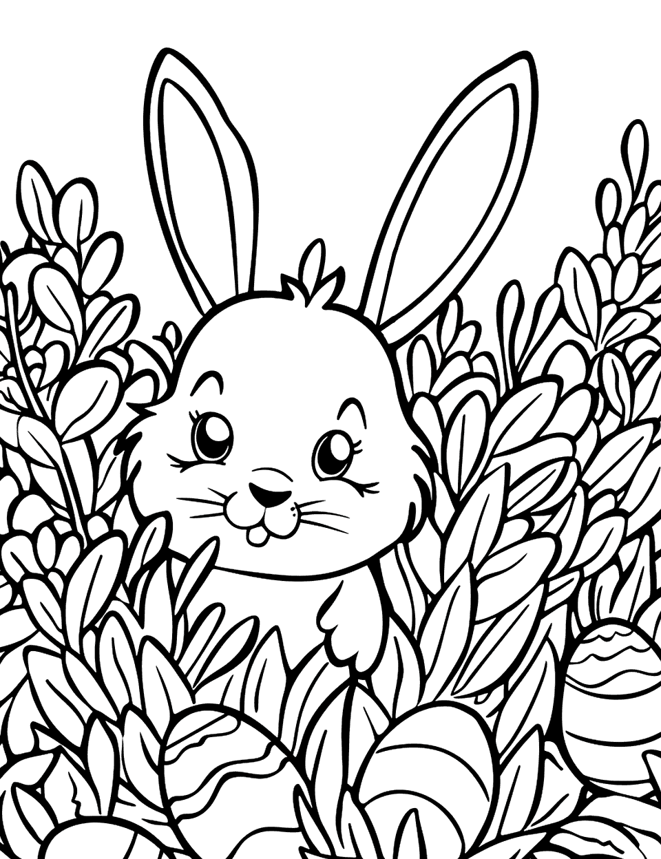 Easter Egg Hideout Bunny Coloring Page - A scene of a bunny hiding behind a bush peeking out, as Easter eggs are hidden all around.
