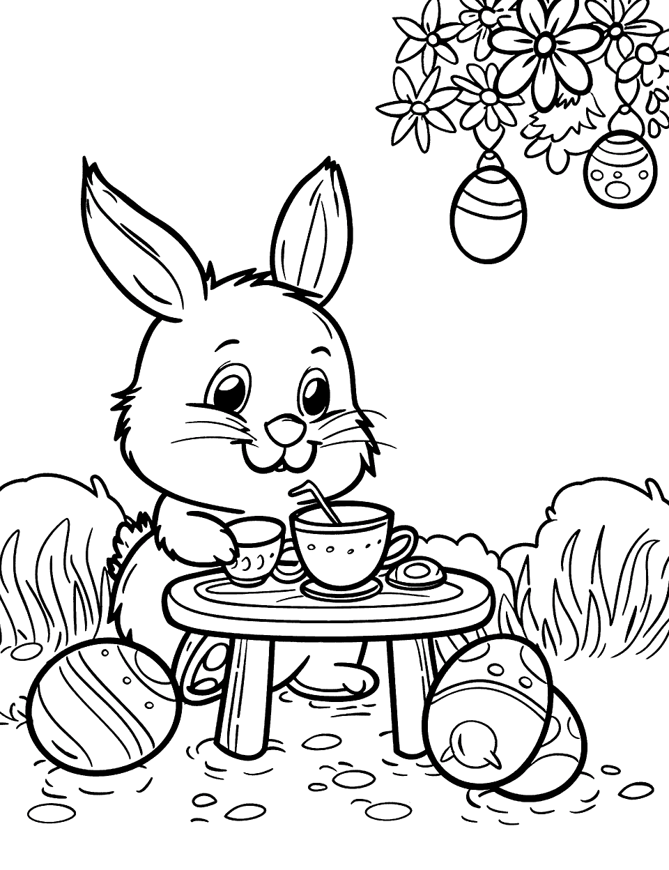 Garden Tea Party Easter Bunny Coloring Page - A bunny sitting at a small table set for tea, with a few Easter eggs placed around the table as decorations.