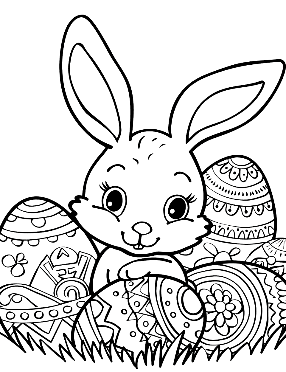 Bunny's Art Project Easter Bunny Coloring Page - A bunny surrounded by Easter eggs, each painted with a different pattern, as if the bunny has just finished decorating them.