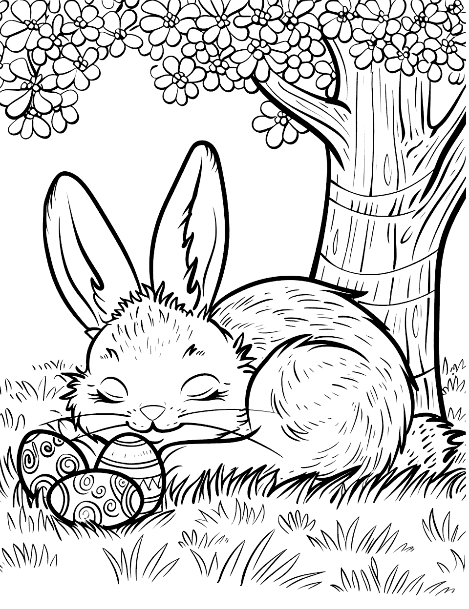 Cozy Bunny Nap Easter Coloring Page - A bunny sleeping peacefully under a tree, with a few Easter eggs near it.
