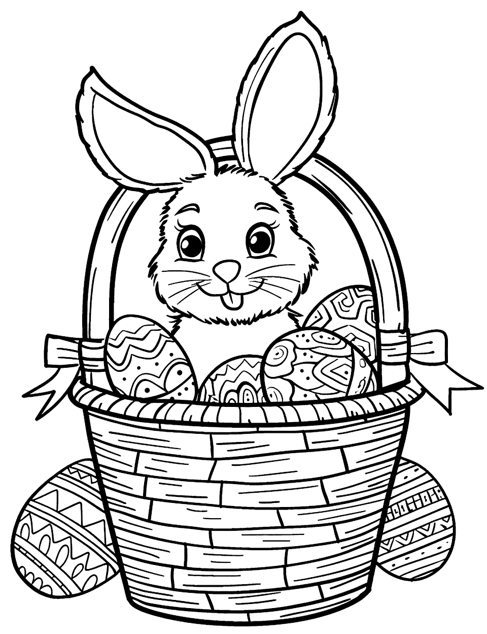Easter Basket Surprise Bunny Coloring Page - A cute bunny peeking out of a large Easter basket filled with decorated eggs and ribbons.