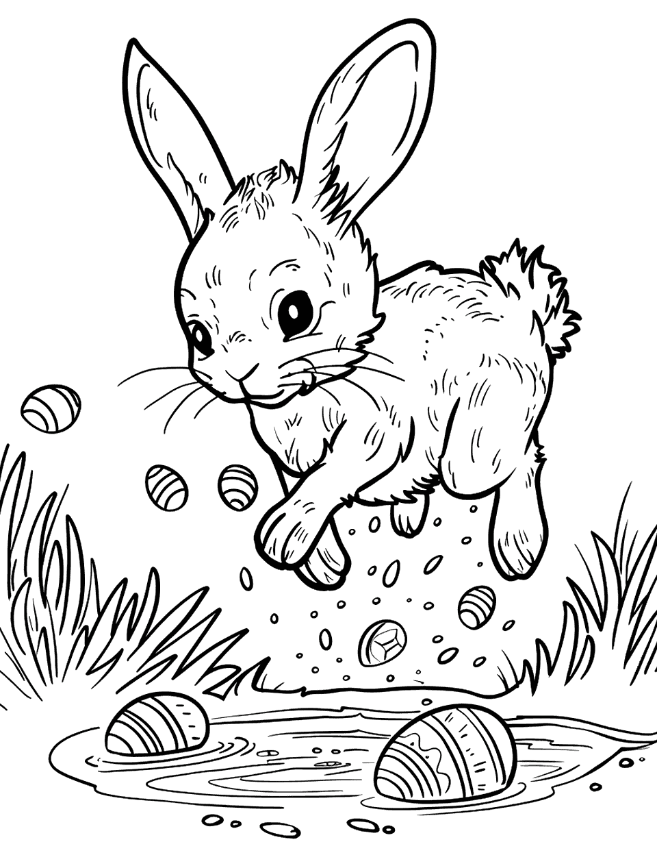 Sunrise Egg Discovery Easter Bunny Coloring Page - A bunny finding an Easter egg in the grass as the sun rises, casting a soft light over the scene.