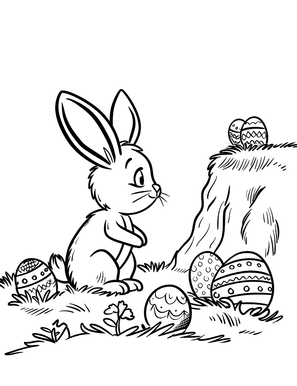 Mountain View Easter Bunny Coloring Page - A bunny at the base of a mountain with several Easter eggs around it, symbolizing the start of a journey.