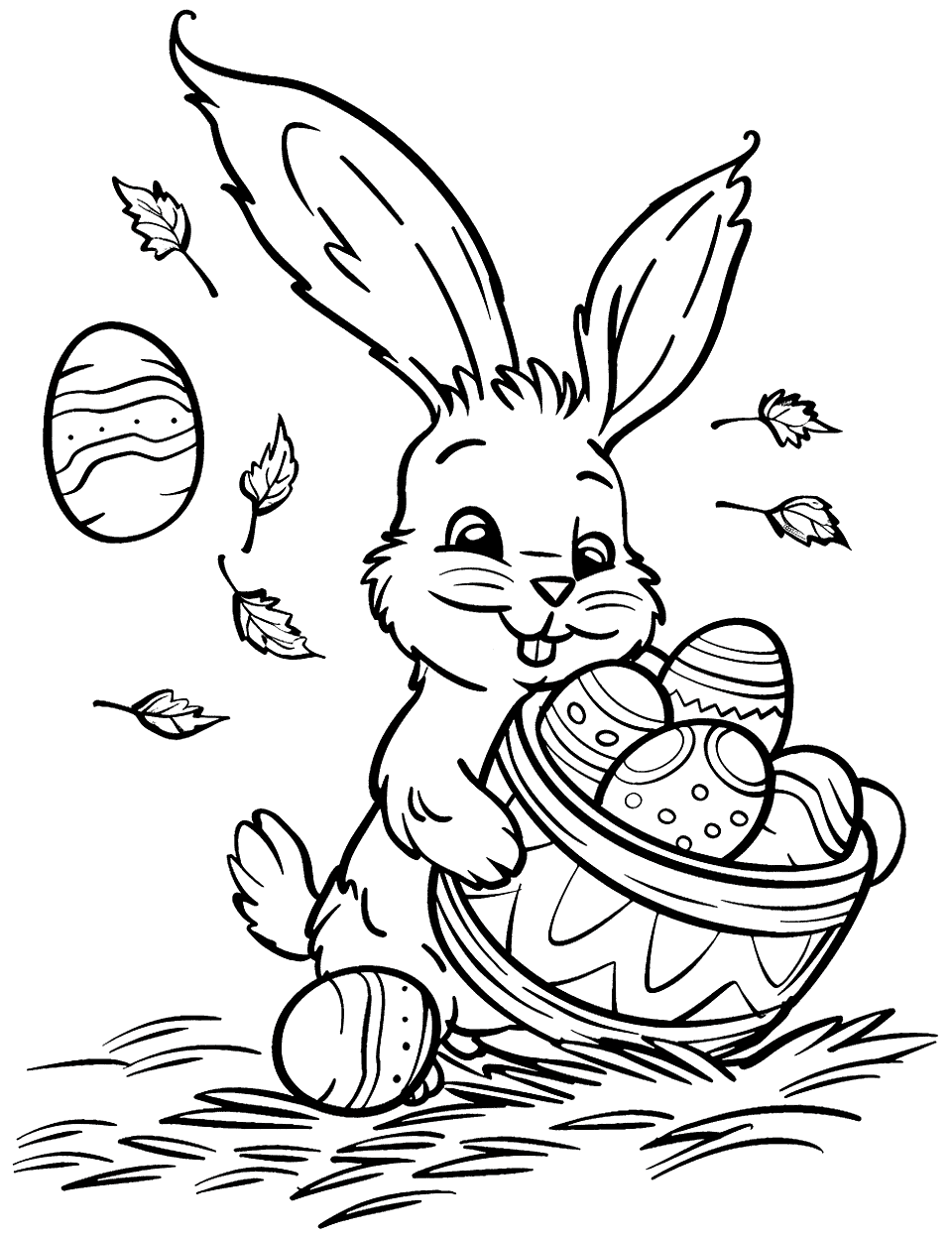 Bunny's Windy Day Easter Bunny Coloring Page - A bunny struggling to hold onto a bunch of Easter eggs as a strong wind blows, with leaves swirling around.
