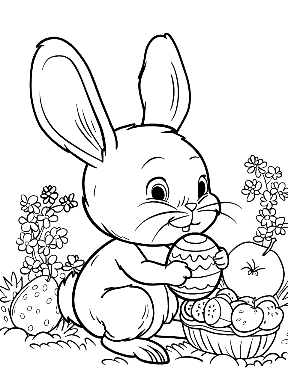 Bunny's Fruit Feast Easter Bunny Coloring Page - A bunny sitting in a garden, surrounded by fruits and holding an Easter in the hand looking for the perfect place to put it.