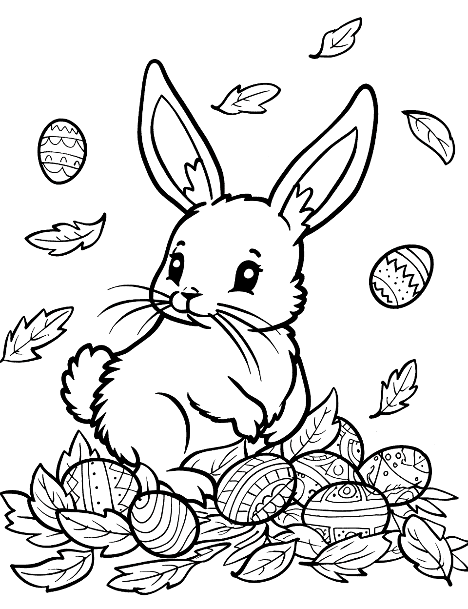 Autumn Leaves and Easter Eggs Bunny Coloring Page - A bunny playing in a pile of autumn leaves, with hidden Easter eggs among the leaves.