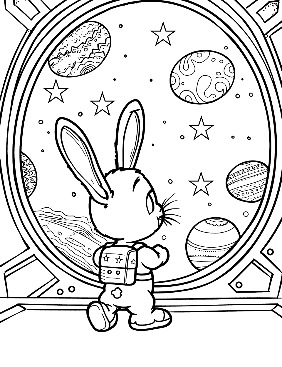 Bunny's Space Adventure Easter Bunny Coloring Page - A bunny in a small spaceship window looking out at the stars, with Easter eggs floating in zero gravity.